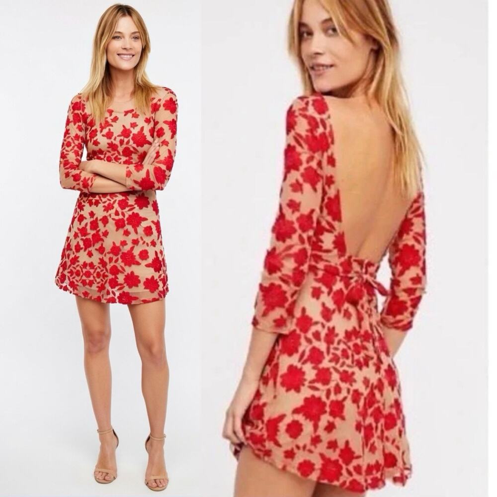 For Love & Lemons Temecula Mini Dress Sz Small Red Floral Embroidered Backless